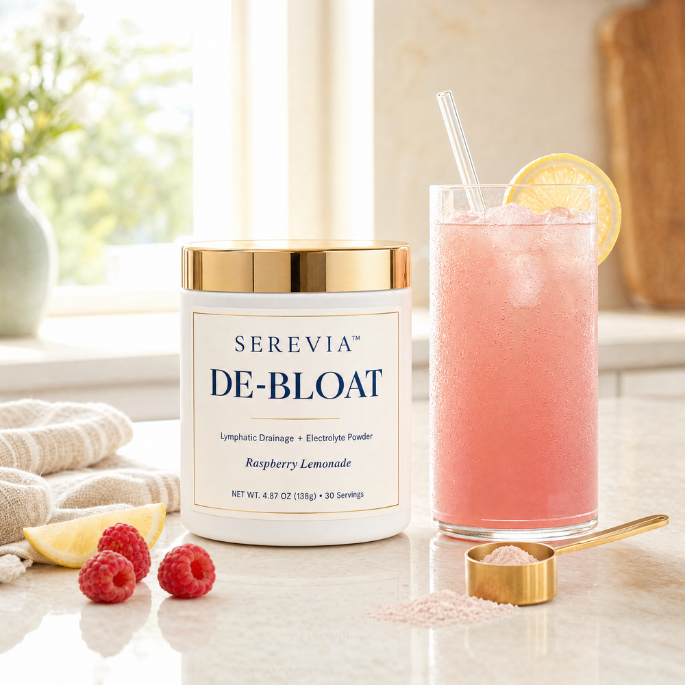De-Bloat tub with a glass of raspberry lemonade